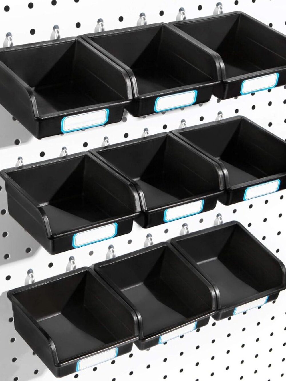 Pegboard Bins with Hooks and Labels, 10 Packs, Black